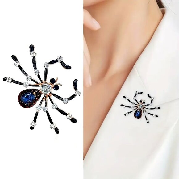 Exquisite Vintage Steampunk Style Blue Faceted Rhinestone • Spider Brooch - Picture 1 of 3